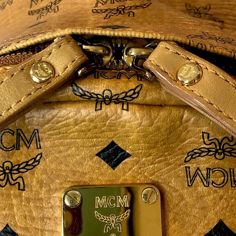 MCM Cognac Visetos Metallic Embellished Full Size Unisex Backpack Book Bag